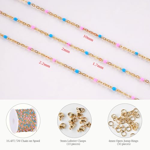 16.4FT Blue Pink Enamel Bead Chain Roll Gold Plated Necklace Jewelry Links | Gold Plated Stainless Steel Bulk Chains for Jewelry Making with Lobster Clasps Jump Rings for Crafting - color: gold-blue pink