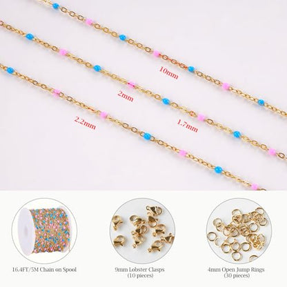 16.4FT Blue Pink Enamel Bead Chain Roll Gold Plated Necklace Jewelry Links | Gold Plated Stainless Steel Bulk Chains for Jewelry Making with Lobster Clasps Jump Rings for Crafting - color: gold-blue pink