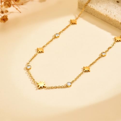 Dainty Necklaces with CZ Inlaid Minimalist Stackable Fashion Gifts - color: Eight-pointed Star-GD