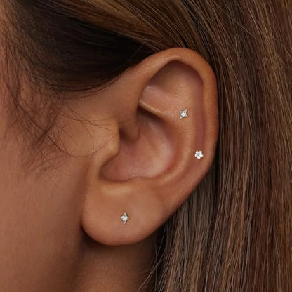 Flat Back Stud Cartilage Earrings Tragus Helix Piercing Jewelry Titanium | Conch Nose Piercing,Small Tiny Studs for Women,Threadless/Internally Threaded,Surgical Steel,Hypoallergenic,16G/18G/20G - color: Silver01-Star (6mm*2+8mm*1), size: Internally Threa