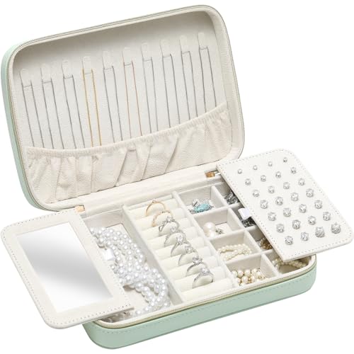 Genuine Leather Travel Jewelry Organizer Case Box with Mirror for Women, Small Mini Portable Jewelry Box for Ring Earrings Necklace Bracelet Luxury Gift for Women Mint Green - color: Mint Green