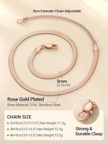 PROSTEEL 3mm/5mm Herringbone Choker Necklace for Women, 12.5"/15"/18", Stainless Steel/Sterling Silver Flat Snake Chain in Silver/Yellow Gold/Rose Gold/Black, Come with Box - color: 5mm-Rose Gold Plated, size: 15 Inch