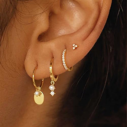 Gold Plated Earrings for Women, 14k Gold Plated Earring Stack Hypoallergenic Pearl Drop Earring Dainty Earrings for Women Trendy Cute Small Huggie Hoop Earring Fashion Womens Jewelry - color: SET7