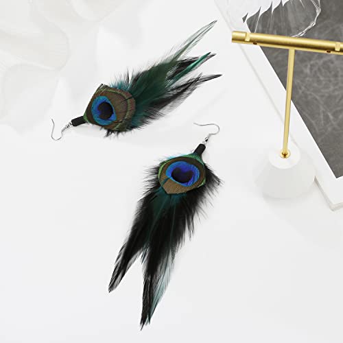 Long Bohemian Pheasant Feathers Statement Earrings Handmade Natural Lightweight Feather Dangle Earrings for Women (ea000067) - color: Blue