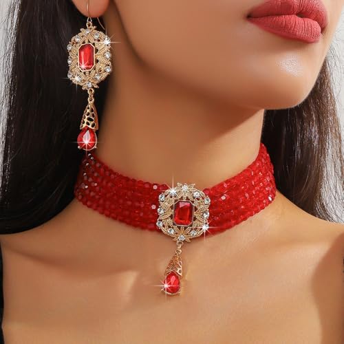 Missgrace Women Silver Black Green Red Rhinestone Crystal Tassels Bridal Necklace Earrings Sets Teardrop Necklace Dangle Earrings Set for Wedding Brides Bridesmaid - color: Red