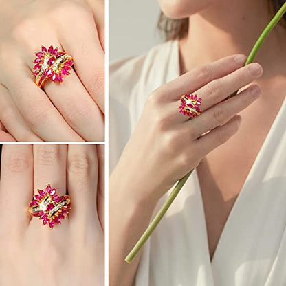 Statement Flower Ring Cocktail Leaf Ring Birthstone Anniversary Signet Ring | Hypoallergenic|14K Gold Plated|Sterling Silver Sparkling Engagement Promise Party Ring for Women, Size 6 to 10(With Box) - color: Leaf - Ruby