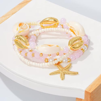 LALAPPLE Shell Bracelet Boho Beaded Stretch Bracelets for Women Seashell Strand Bracelets Starfish Charm Jewelry Summer Beach Jewelry Stackable Crystal Gold Plated Beads Bracelet for Women - style: T-Style2