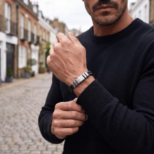 Forge & Foundry Men's Adjustable Black Leather Bracelet | Genuine Woven Leather with Snap Clasp | Design-Led, Artisan Jewelry from London [Navarro] - color: Silver - Double Strand, size: X-Large