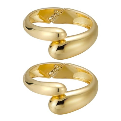 Emibele Cuff Bracelet Stack, 18K Gold-plated Open Bangle Bracelet, Teardrop Hinged Thick Wrist Chunky Bracelet Set for Women, Non Tarnish Jewelry Gift, 2 Pack - color: Gold Teardrop