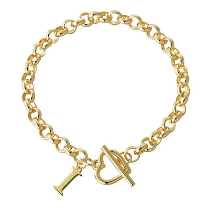 14K Gold Plated Stainless Steel A-Z Alphabet Letter Heart Bracelet | Non-Tarnish Dainty Charm with a Romantic Toggle Clasp Daily Fashion Jewelry, 7-inch Rolo Chain, Personalized Gift for Her - color: I
