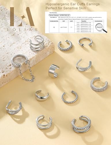 LOLIAS 12Pcs Ear Cuffs Non Piercing - 14K Gold Plated Ear Cuff Earrings for Women Adjustable Earring Cuffs for Non Pierced Ears Clip on Cartilage Earring Fake Earrings Set - color: White Gold Plated