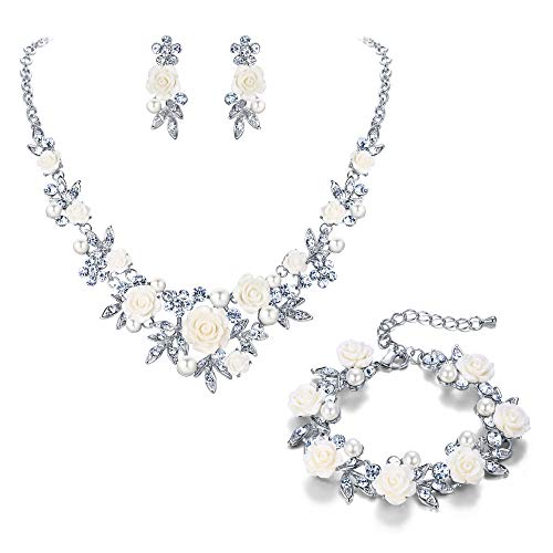EVER FAITH Costume Jewelry Crystal Simulated Pearl Rose Flower Leaf Prom Party Statement Necklace Earrings Bracelet Set for Women - color: Clear Silver-Tone