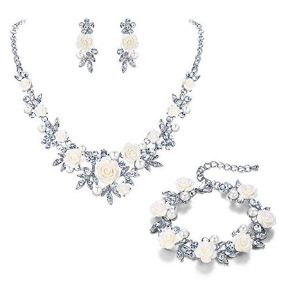 EVER FAITH Costume Jewelry Crystal Simulated Pearl Rose Flower Leaf Prom Party Statement Necklace Earrings Bracelet Set for Women - color: Clear Silver-Tone