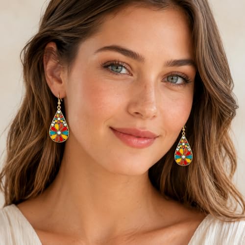 Colorful Green Teardrop Earrings for Women - Bohemian Style Enamel Dangle Earrings Lightweight Fashion Jewelry for Daily/Wedding/Party - color: Red