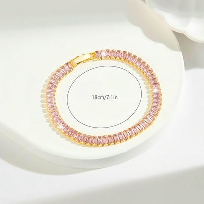 18K Gold Plated 5.0mm Pink Cubic Zirconia Tennis Bracelet|5.9-7.5in Multi-Size Classic Women's Tennis Bracelet - size: 7.1 inch/18cm