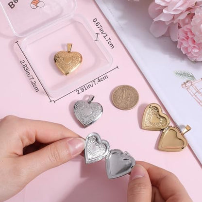 Beebeecraft 1 Box 4Pcs Locket Heart Charms 18K Gold Plated 316 Stainless Steel Ribbon Heart Photo Frame Pendants Charms for Jewelry Making DIY (Gold, Silver)