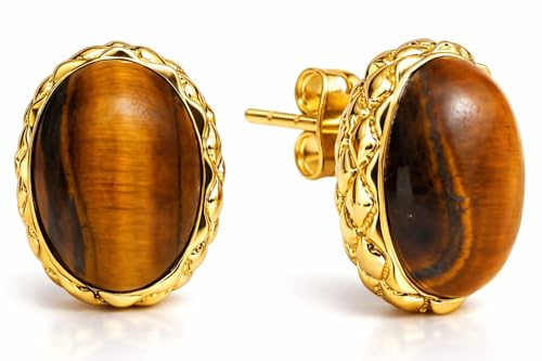 Gempires Bold Oval Gemstone Stud Earrings for Women – Natural Healing Stone Jewelry 14K Gold-Plated Hypoallergenic Tarnish-Resistant – Bold Statement Studs Gift for Her - style: Tiger Eye