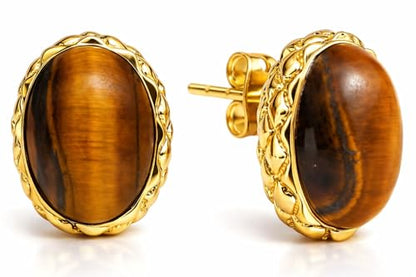 Gempires Bold Oval Gemstone Stud Earrings for Women – Natural Healing Stone Jewelry 14K Gold-Plated Hypoallergenic Tarnish-Resistant – Bold Statement Studs Gift for Her - style: Tiger Eye