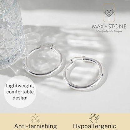 925 Sterling Silver Chunky Hoop Earrings for Women | Hypoallergenic Hollow Round Sterling Silver Hoop Earrings | Lightweight Thick Silver Earrings Hoops by MAX + STONE - style: Polished Chunky Hoop | 2 Inches