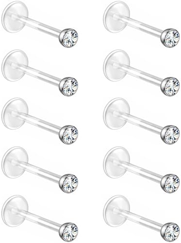 Bioflex Labret Plastic Lip Piercing Jewelry for Monroe, Medusa, Ashley and Cartilage Piercings, Tragus, Conch, Helix, Daith - 16g Clear Post Studs with Push-In CZ Crystals - color: Clear, size: 12mm