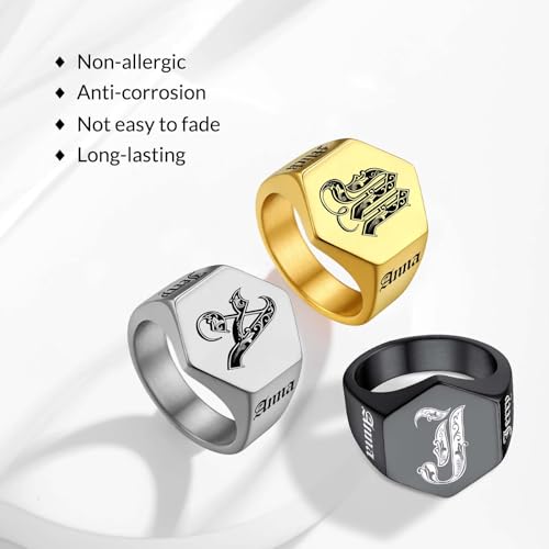 Custom Signet Ring for Men Personalized Initial Ring Custom Mens Rings Engraved Ring Customized Memorial Graduation Gifts for Father Husband Boyfriend Friends - color: Hexagon Gold