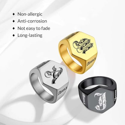 Custom Signet Ring for Men Personalized Initial Ring Custom Mens Rings Engraved Ring Customized Memorial Graduation Gifts for Father Husband Boyfriend Friends - color: Hexagon Gold