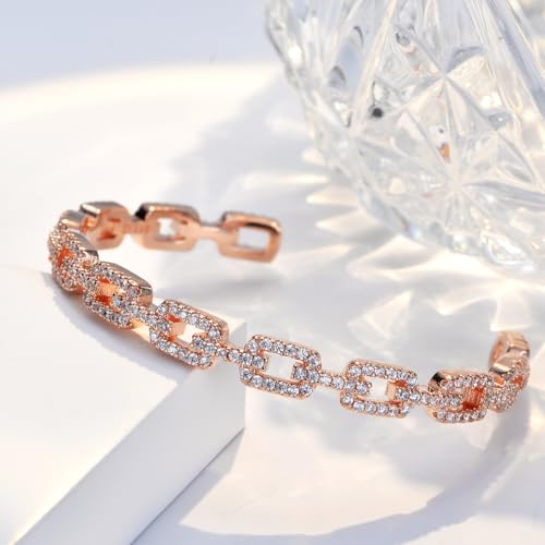 14K Gold Moissanite Open Bangle Bracelet for Women,Sparkling Geometric Moissanite Chain Open Cuff Bangle,Fashion Christmas Jewelry Gift for Her - color: Rose Gold