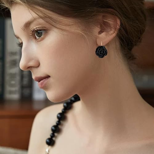 Handmade Bohemian Aesthetic Dainty Acrylic Flower Petal Leverback Earrings Sparkly 14K Gold Floral Dangle Drop Earrings for Women - color: Black