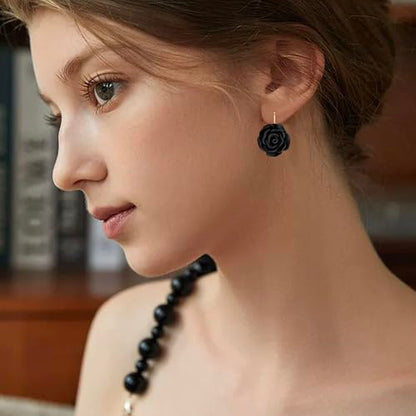 Handmade Bohemian Aesthetic Dainty Acrylic Flower Petal Leverback Earrings Sparkly 14K Gold Floral Dangle Drop Earrings for Women - color: Black
