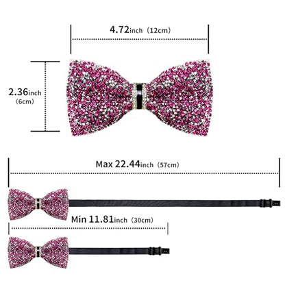 DiBanGu Mens Rhinestone Bow Tie with Ring and Lapel Pin Set | Adjustable Strap,Pre-tied Style,3PCS,Sequin Diamond Bowties，Solid/Mix Color,Shiny Accessory,for Party Prom Banquet Wedding - color: Hot Pink