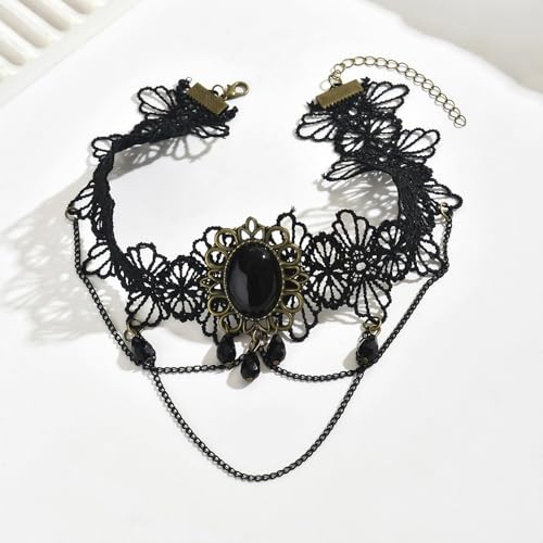 Gothic Lace Choker Necklace for Women, Pearl Sexy Tassel Adjustable Choker Necklace, Boho Halloween Jewelry for Festival Party Cosplay Costume Gifts - color: black Layered Chain Pendant