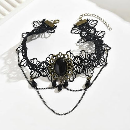 Gothic Lace Choker Necklace for Women, Pearl Sexy Tassel Adjustable Choker Necklace, Boho Halloween Jewelry for Festival Party Cosplay Costume Gifts - color: black Layered Chain Pendant