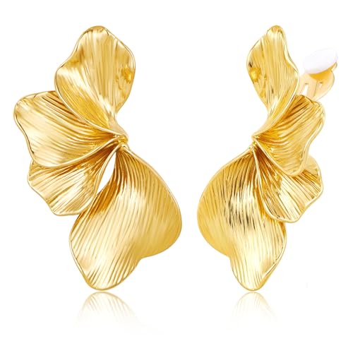 Chunky Flower Clip on Earrings for Women 14K Gold Plated No Piercing Floral Stud Earring Lightweight Jewelry Gifts - color: Flower-C-gold