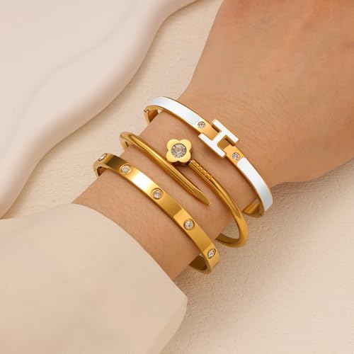 3Pcs Gold Bracelets for Women 14K Gold Plated Love/H/Nail Bangle Bracelet Dainty Non Tarnish Bracelet Jewelry Christmas Mothers Day Gifts for Women - color: 3Pcs Gold/White H bracelet