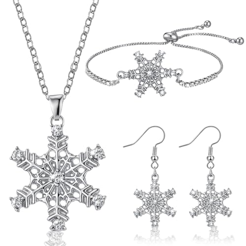 3 Pcs Heart Bow Snow Jewelry Set | Heart Necklace with Bracelet Earring, Snow Jewelry Set for Women, Bow Charms Toggle Gifts - color: Silver, style: Snow