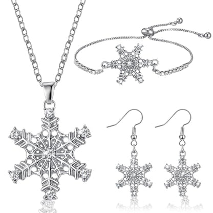 3 Pcs Heart Bow Snow Jewelry Set | Heart Necklace with Bracelet Earring, Snow Jewelry Set for Women, Bow Charms Toggle Gifts - color: Silver, style: Snow