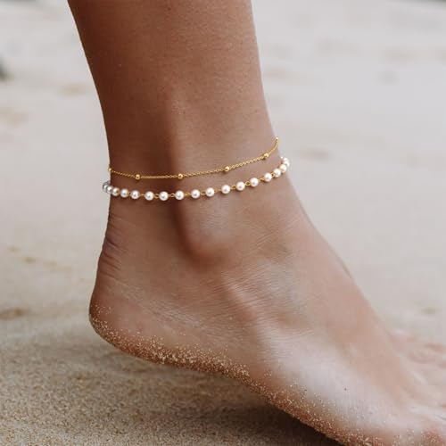 Gold Ankle Bracelets for Women, Dainty 14K Gold Plated Anklets for Women Waterproof Cuban Link Chain Pearl Anklet Set Trendy Layered Stackable Ankle Bracelet Non Tarnish Jewelry for Her - color: A0194