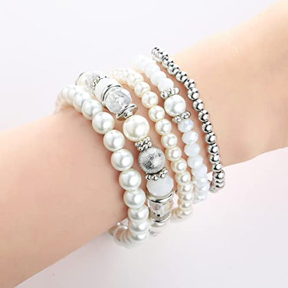 Noessla Beaded Pearl Stretch Bracelet Silver Stackable Crystal Beads Bracelets Trendy Costume Jewelry Mothers Day Gifts for Women - color: White