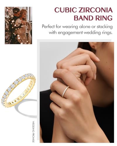 DAYBYDAY Sapphire/Emerald/Ruby Full Eternity Band Rings for Women, 2.4mm Thin Birthstone Stackable Rings, 925 Sterling Silver/14K Gold Plated Gemstone Wedding Band Anniversary Ring Size 6 to 10 - color: 04. White Cz, April, Gold Plated