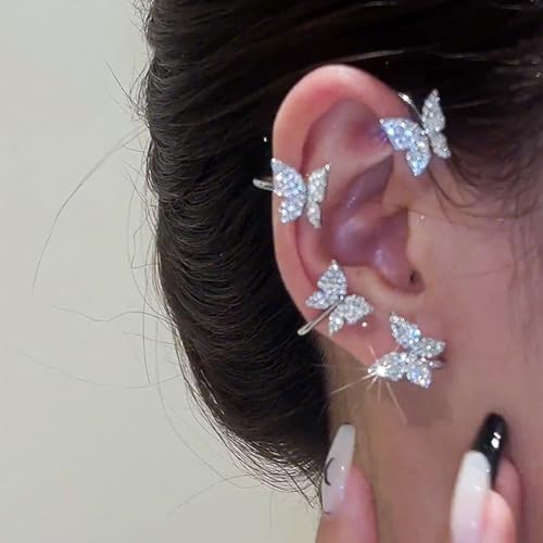 Butterfly Ear Cuff Earrings Sparkly Butterfly Ear Wrap Clip On Earrings Fairy Right Left Ear Cuffs Non Piercing - color: Silver