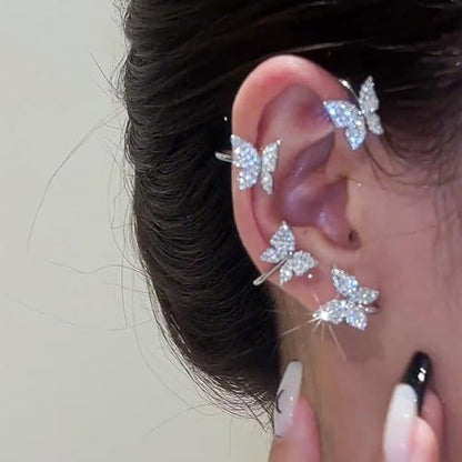Butterfly Ear Cuff Earrings Sparkly Butterfly Ear Wrap Clip On Earrings Fairy Right Left Ear Cuffs Non Piercing - color: Silver