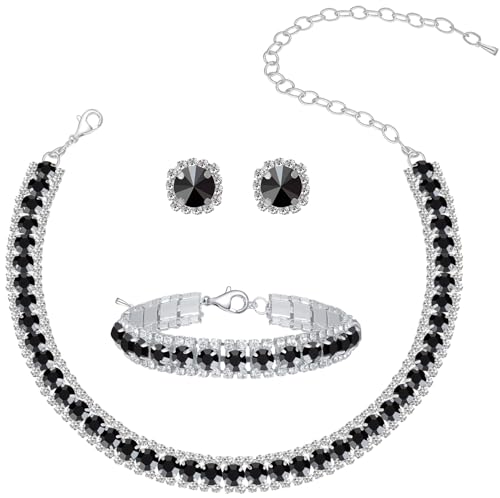 Women Rhinestone Crystal Jewelry Set Crystal Tennis Design Rhinestone Choker Necklace Link Bracelet Teardrop Earrings Set Wedding Bridal Bridesmaids Party - color: Silver Plated Black Crystal(2)