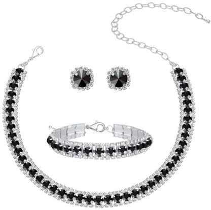 Women Rhinestone Crystal Jewelry Set Crystal Tennis Design Rhinestone Choker Necklace Link Bracelet Teardrop Earrings Set Wedding Bridal Bridesmaids Party - color: Silver Plated Black Crystal(2)