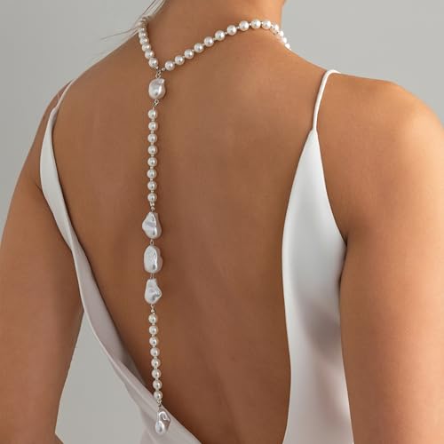 Back Body Chain for Women Boho Pearl Cross Flower Back Drop Necklace Adjustable Y-Shaped Lariat Back Jewelry - color: white