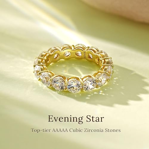 4mm 925 Sterling Silver Rings Gold Engagement Wedding Band Eternity Cubic Zirconia Round Simulated Diamond Stackable Ring for Women - color: Gold