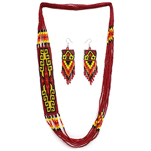 Handmade Beaded Indian Necklace,Inspired by Native American Style Long Necklace Earrings Set,One of a Kind beaded Necklace for Women,Perfect for Occasions, Gifts - color: Red