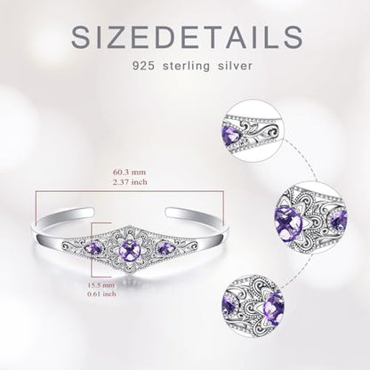 Genuine Amethyst Cuff Bracelet, 925 Sterling Silver Vintage Filigree Engraved Open Bangle Purple Gemstone Boho Jewelry February Birthstone Gift for Women - style: Style A