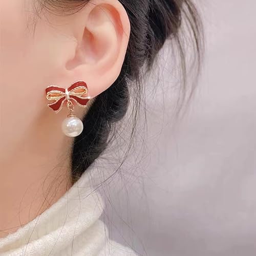 Pearl Bow Earrings for Women Coquette Aesthetic Jewelry Rhinestone Bow Earrings for Bridesmaids Wedding Party Accessories Bridal Costume Accents Bowknot Themed Gifts - color: B2: Red Bow Pearl Earrings