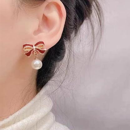 Pearl Bow Earrings for Women Coquette Aesthetic Jewelry Rhinestone Bow Earrings for Bridesmaids Wedding Party Accessories Bridal Costume Accents Bowknot Themed Gifts - color: B2: Red Bow Pearl Earrings