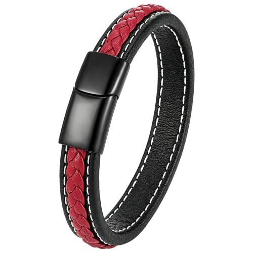 Italian Handmade Leather Bracelets for Men - color: Black Red, size: 8.2"